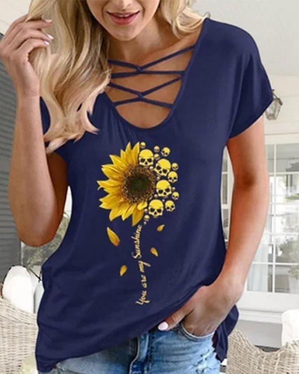 Skull Sunflower Print Casual Short Sleeve T-shirt