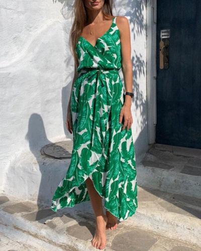 Summer Leaf Printed V-neck Sleeveless Tie Waist Flowy Midi Dress