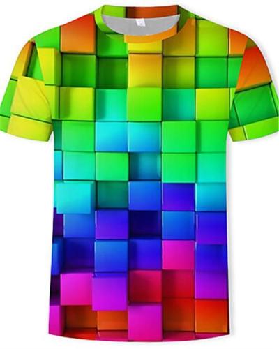 Men's Cotton Geometric Colorful 3D Print Round Neck Rainbow T-shirt