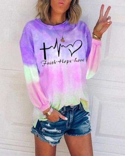 Tie Dye Letter Round Neck Long Sleeve T-shirt