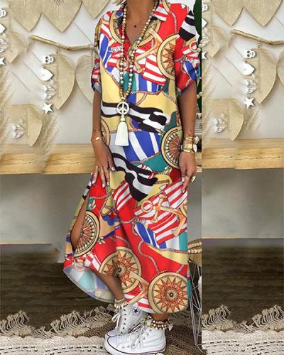 Plus Size Print Paneled 3/4 Sleeves Casual Slit Maxi Shirt Dress