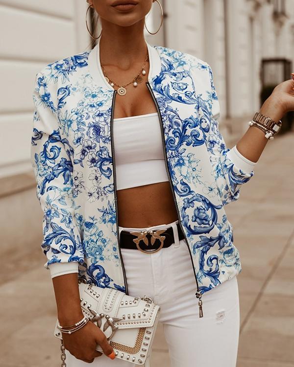 Casual Long Sleeve Printed Cropped Jacket