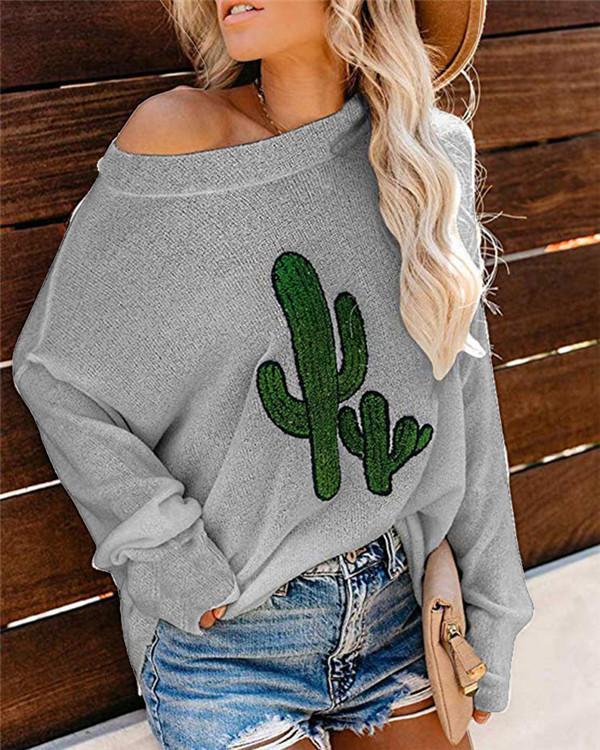 Cactus Cartoon Long Sleeve Sweater Casual Round Neck Daily Shift Tops