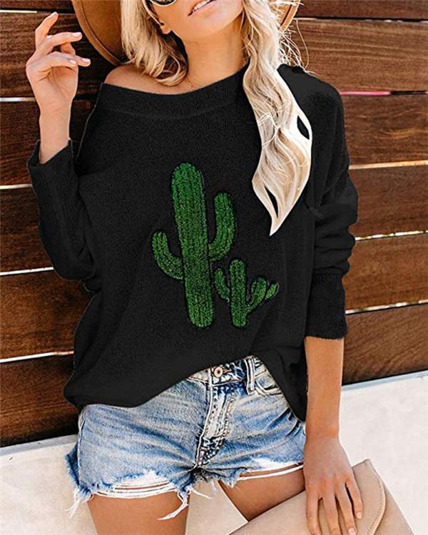 Cactus Cartoon Long Sleeve Sweater Casual Round Neck Daily Shift Tops