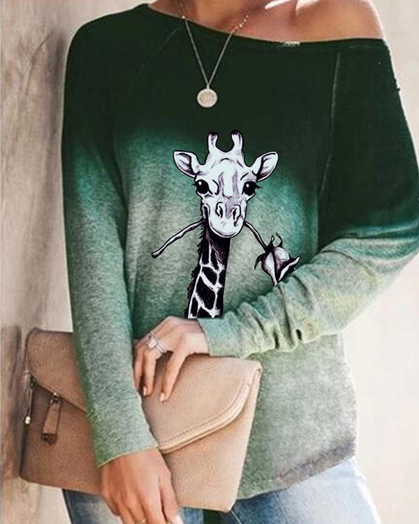 Autumn Ombre Animal Print Long Sleeve Loose T-Shirt