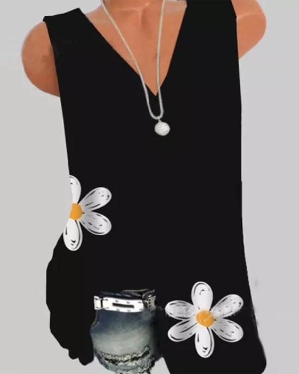 Floral Casual V-Neckline Sleeveless Blouses