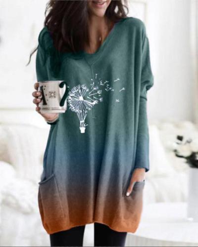 Ombre Print Long Sleeve V Neck Pockets Casual Blouses Tops