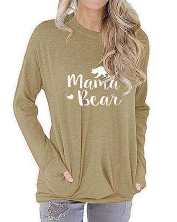 Mama Bear Shirt for Women Long Sleeves Loose Fit Casual Pullover Pocket Blouses