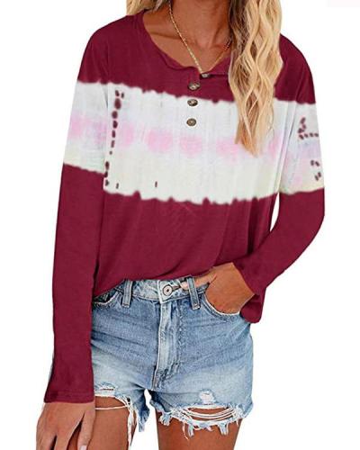 Color Stitching V Neck Button Long Sleeve Loose T-shirts