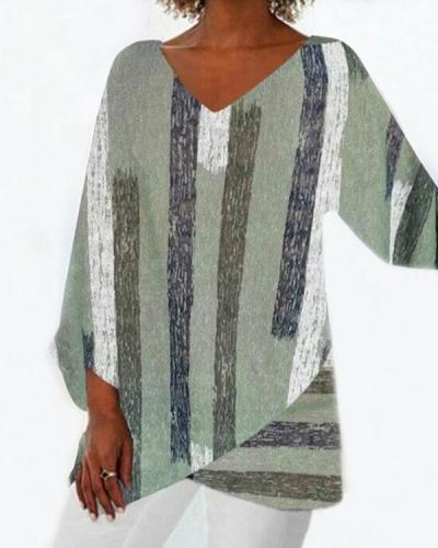 Women Casual Long Sleeve V-neck Striped Printed Irregular Hem Top