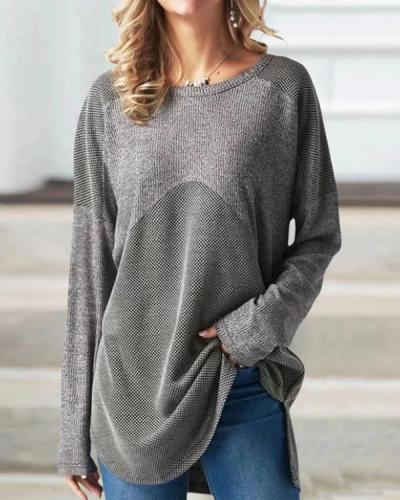Color-Block Round Neck Cotton Casual Tops Blouses