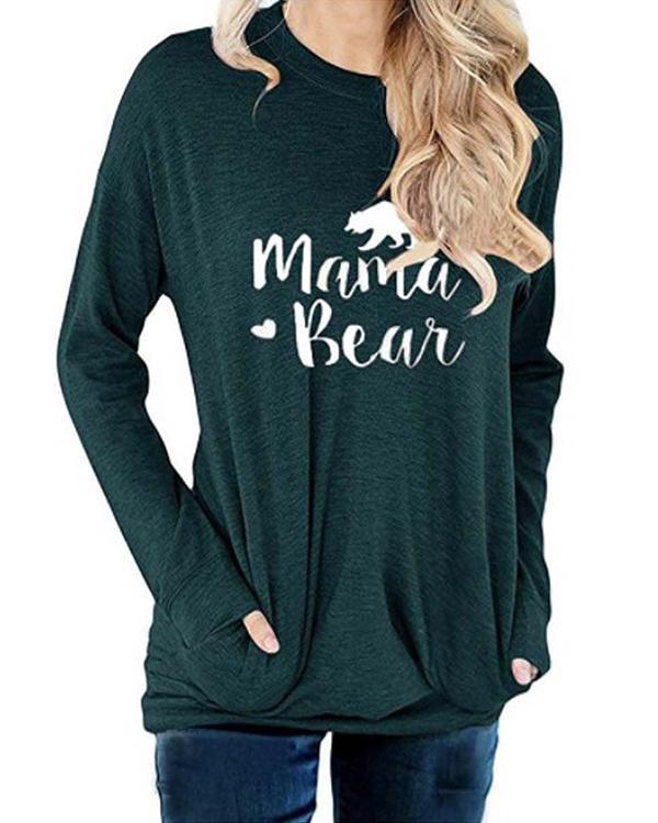 Mama Bear Shirt for Women Long Sleeves Loose Fit Casual Pullover Pocket Blouses
