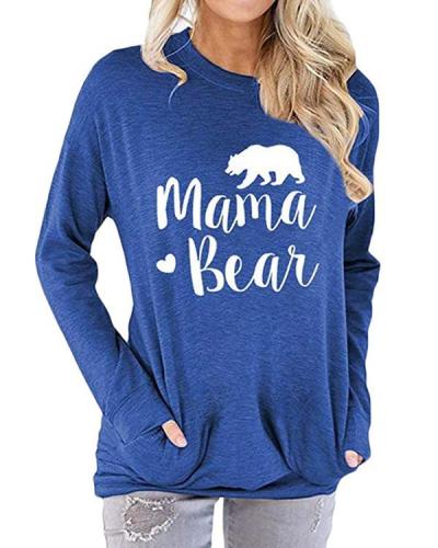 Mama Bear Shirt for Women Long Sleeves Loose Fit Casual Pullover Pocket Blouses