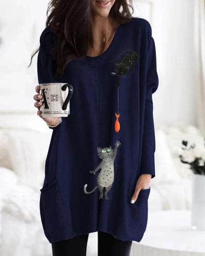 Cartoon Cat Print Pockets Long Sleeve Loose Blouse For Women