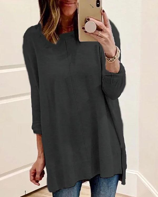 Plus Size Casual Long Sleeve Crew Neck Solid Tops