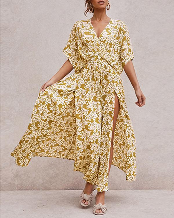 Floral Print Short Sleeve Vintage Maxi Dress