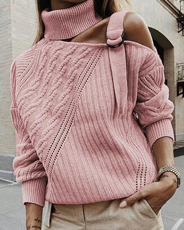 Casual Single Shoulder Collar Pure Color Sweater