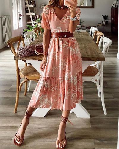 Boho Floral V-Neckline Midi X-line Dress