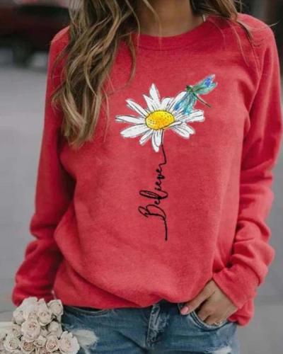 Floral Casual Round Neckline Sweatshirts Tops