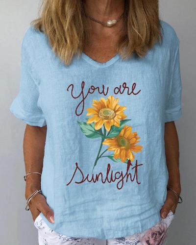 Short Sleeve Sunflower Print Casual Women T-Shirts
