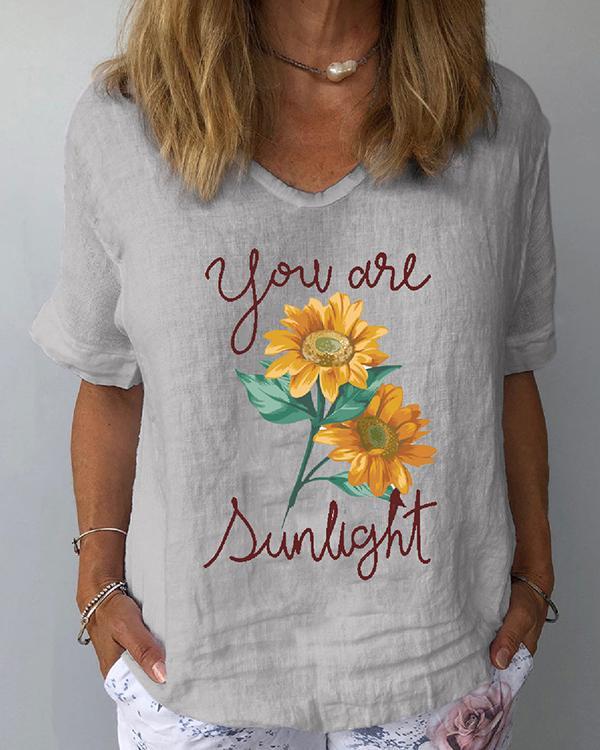 Short Sleeve Sunflower Print Casual Women T-Shirts