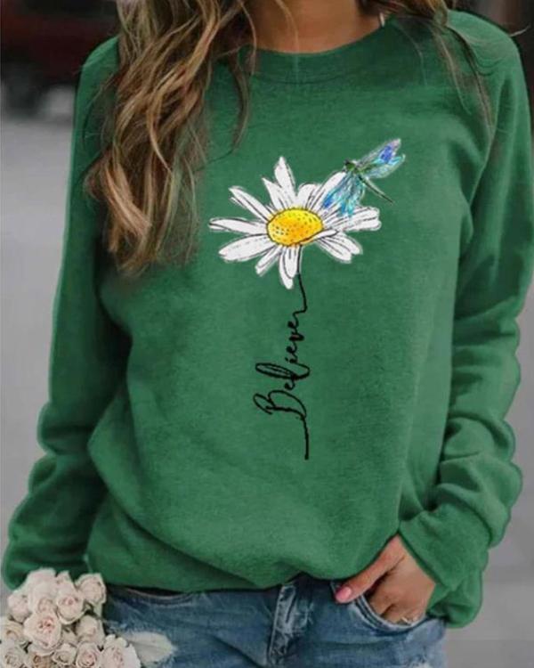 Floral Casual Round Neckline Sweatshirts Tops