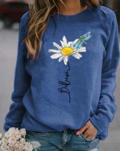 Floral Casual Round Neckline Sweatshirts Tops