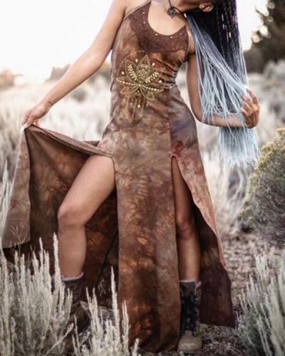 Women's Retro Tribal Dyeing Sexy Split Slim Dress