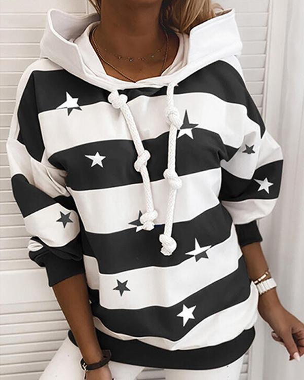 Hat collar Long Sleeve Stripe Star Print Casual Hoodie