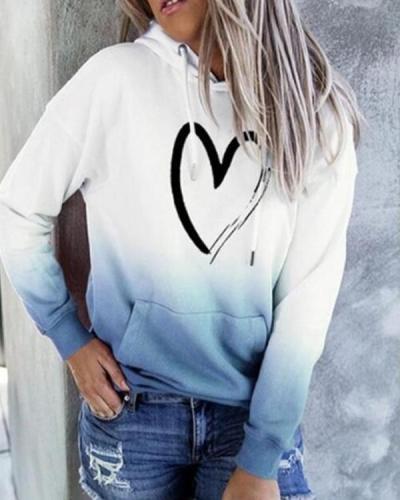 Women Casual Ombre Heart Print Hoodie Sweatshirt