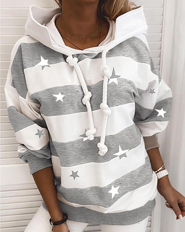 Hat collar Long Sleeve Stripe Star Print Casual Hoodie