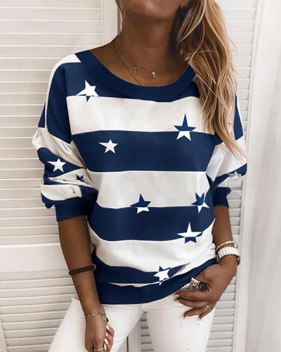 Stripe Star Print Casual Round Neck Daily Sweatshirt