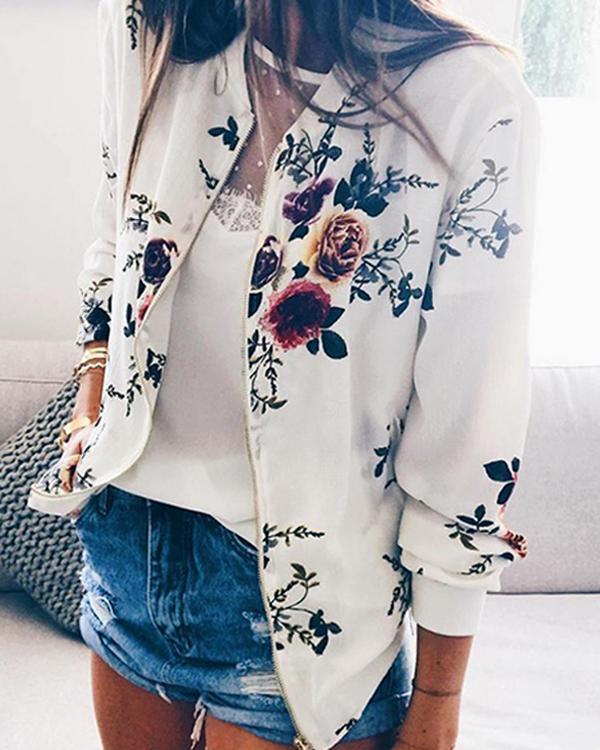 Casual Long Sleeve Floral Print Jacket