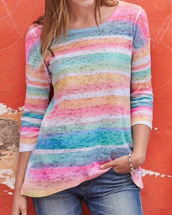 Colorful Striped 3/4 Sleeves Casual T-shirts