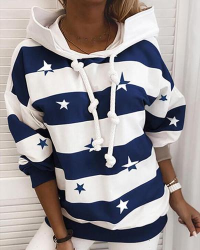 Hat collar Long Sleeve Stripe Star Print Casual Hoodie