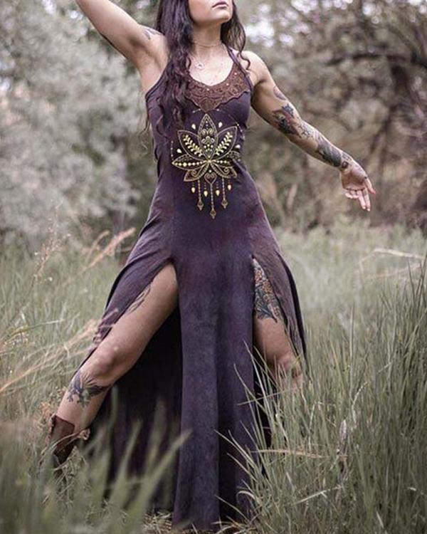 Women's Retro Tribal Dyeing Sexy Split Slim Dress