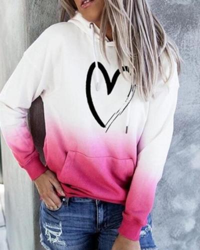 Women Casual Ombre Heart Print Hoodie Sweatshirt