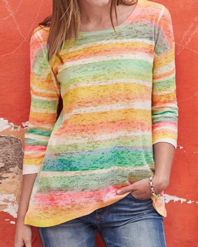 Colorful Striped 3/4 Sleeves Casual T-shirts