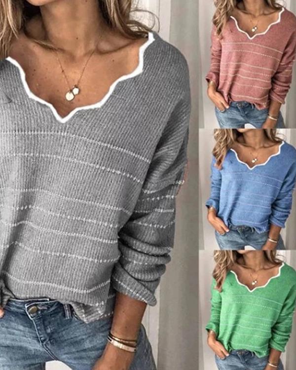 V-Neck Long Sleeve Striped Casual Sweaters