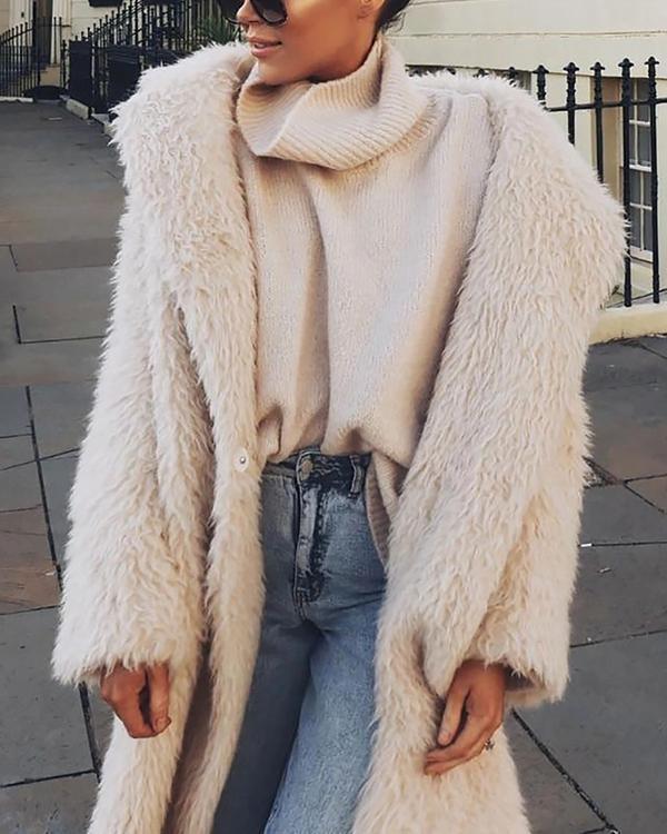 Fashion Lapel Collar Plain Floss Keep Warm Long Coat