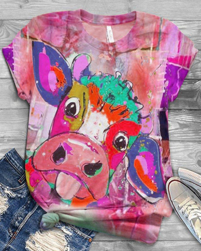Multicolor Cow Printed Round Neck Short Sleeve Shift Shirts & Tops