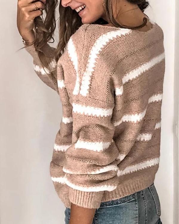 Women'S Casual Deep V-Neck Long Sleeve Pattern Loose Sweater Cardigan