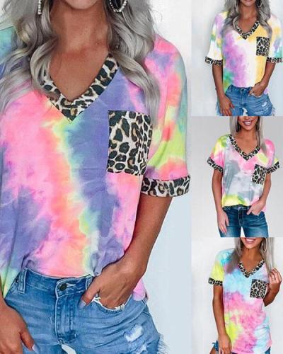 Tie Dye Leopard Splicing Pocket T-Shirt Tee