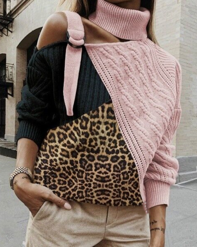 2019 Fashion Leopard Print High Neck Splicing Sweater
