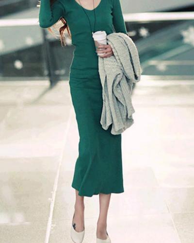 V neck Bodycon Women Cotton Long Sleeve Paneled Plain Casual Dress