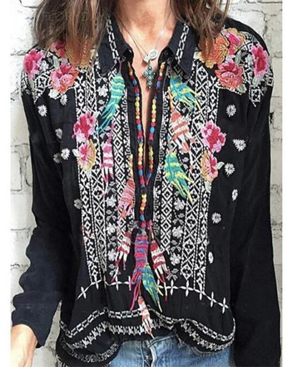 Stand Collar Long Sleeve Flower Embroidered Plus Size Blouses Tops