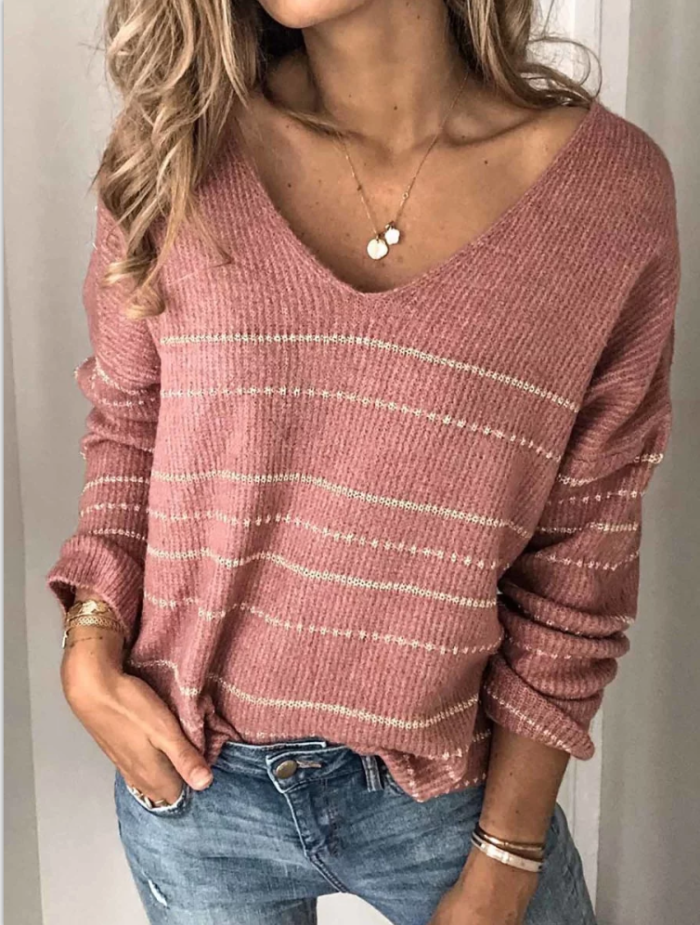Women's Autumn V-neck Striped Sweater