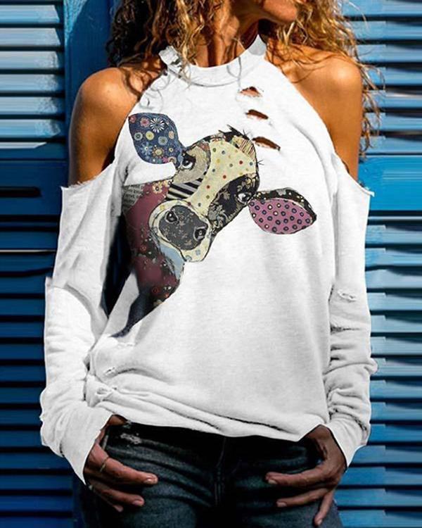 Plus Size Animal Printed Long Sleeve Hollow out Shirts & Tops