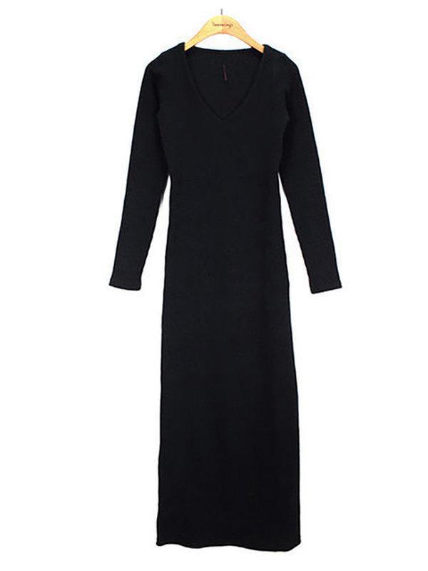 V neck Bodycon Women Cotton Long Sleeve Paneled Plain Casual Dress