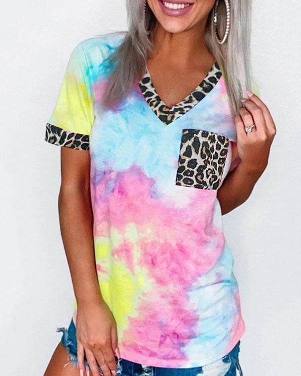 Tie Dye Leopard Splicing Pocket T-Shirt Tee